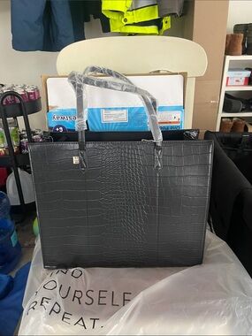 BEIS Black Croc-Embossed Briefcase Tote